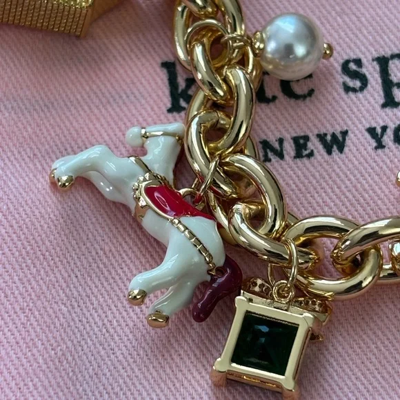 NWOT Kate Spade Gold Tone Charm Bracelet with Pearl & Enamel Accents - Picture 3 of 8